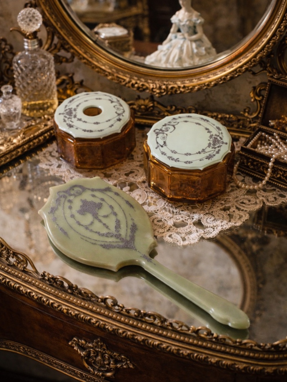 Vintage Green Art Deco Celluloid Vanity Mirror Amber Makeup & Hair Receiver Jars